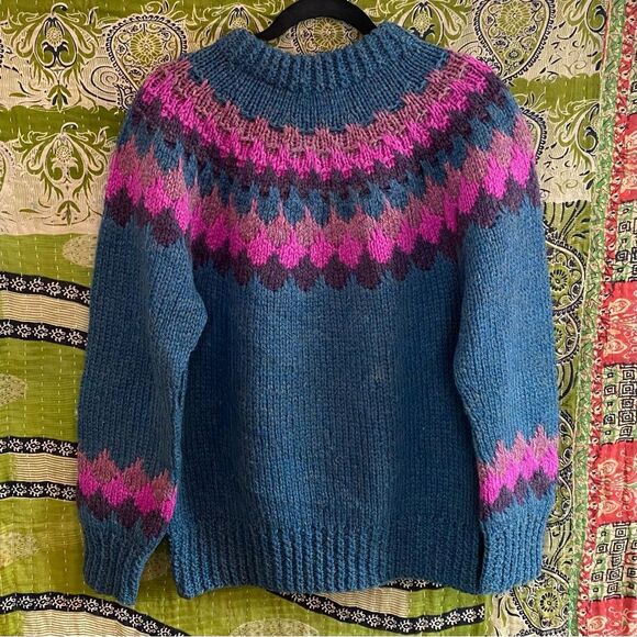 Vintage Danspin Sweater Market Wool Blue Fair Isle Pullover Sweater Size Medium - Picture 9 of 13